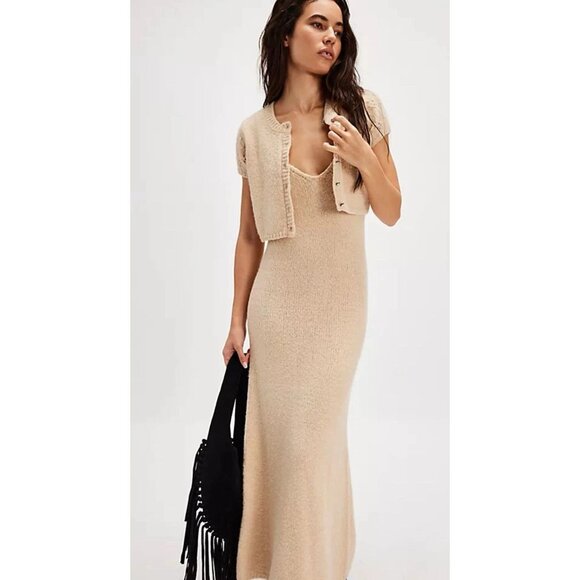Free People Dresses & Skirts - FREE PEOPLE Audrey Beige Cotton Blend Knit Bodycon Sweater Tank Dress, Size M
